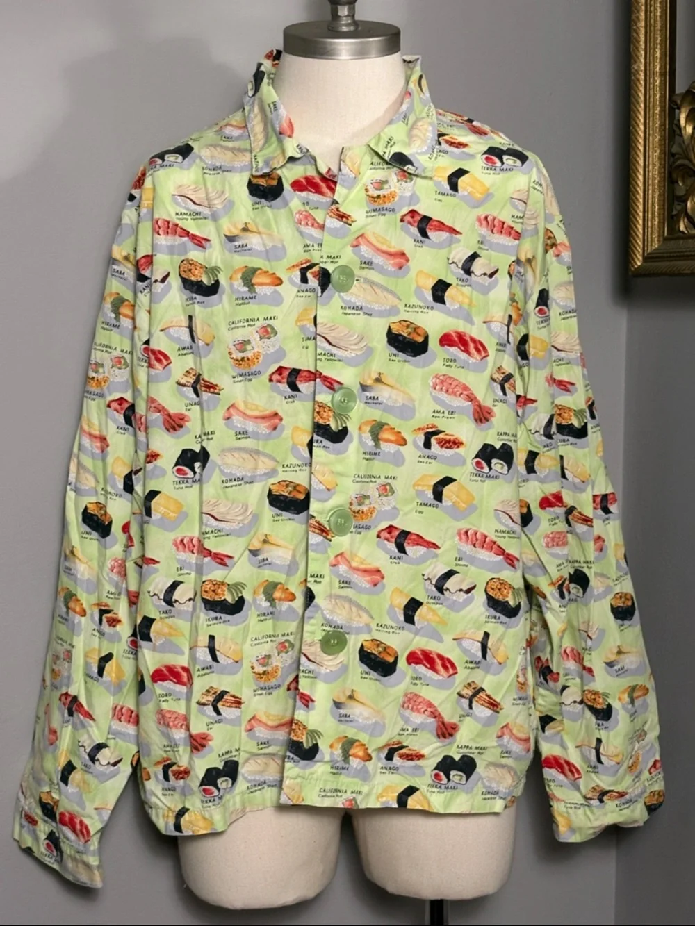 LAST CHANCE The Cat’s Pajamas Large Sushi Print Button Up Shirt in Lime Green